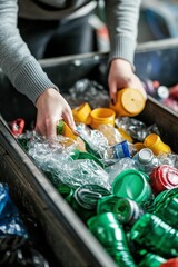 Person sorting colorful plastic bottles into bin.