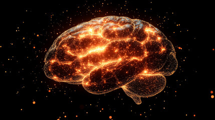 Digital representation of an illuminated brain showcasing neural connections and activity