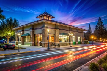 Fototapeta premium Long Exposure of Woodland Public Library Sign and Building in Woodland, California, Showcasing Architectural Beauty and Community Engagement at Night with Illuminated Features
