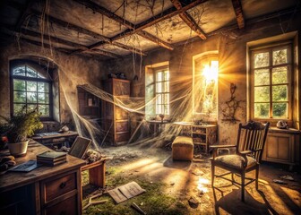 Obraz premium Long Exposure Photography of a Forgotten Scene in a Dimly Lit Room, Capturing the Essence of Serenity and Stillness in an Abandoned Space