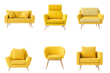 A collection of yellow chairs and couches. on transparent background.