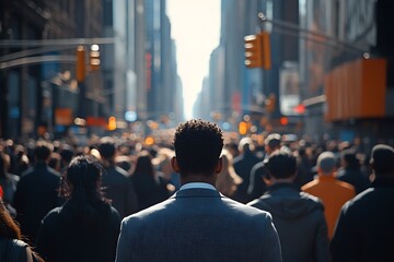 Anonymous Man Walking Sunlit City Street Rush Hour Crowd
