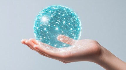 A hand holding a glowing sphere representing connectivity and technology.