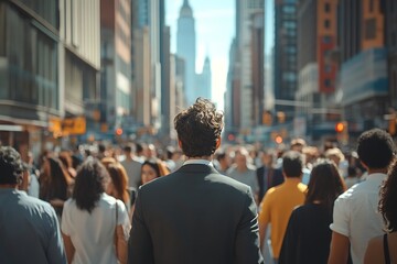 Obraz premium Anonymous Man Walking Sunlit City Street Rush Hour