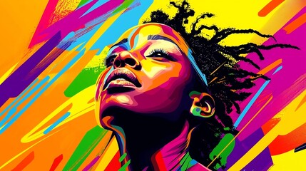 Naklejka premium Vibrant Digital Composition of a Bold Woman Gazing Upward Surrounded by Dynamic Strokes of Multicolored Abstract Shapes Radiating Energy and Movement