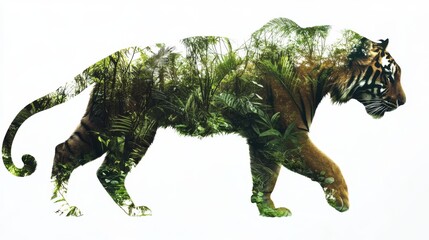 Fototapeta premium A tiger moves through a serene natural landscape, its form elegantly merging into vibrant foliage. The setting captures the beauty of the wild and the powerful grace of this majestic creature.