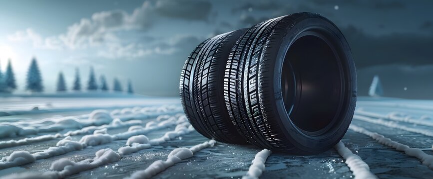 Two winter tires on a snowy road with a winter forest in the background.