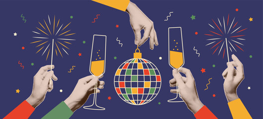 Hands with trendy halftone effect holding a glass of champagne, sparklers, disco ball. New Year and Christmas holiday party. Vector collage elements, greeting card, invitation, banner.