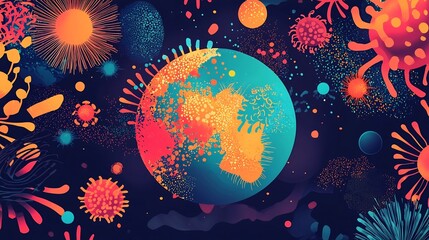 Vibrant ozone layer and preservation icons surrounding a colorful abstract digital of planet Earth