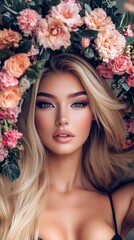Fototapeta premium Ethereal beauty framed by lush floral crown, soft peach and pink blooms contrast with piercing blue eyes and golden hair, embodying romantic allure.