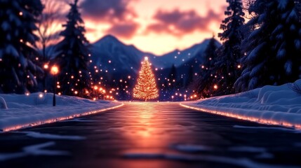 A magical winter scene: a snow-covered road leads to a beautifully lit Christmas tree, nestled amidst snow-dusted pine trees under a vibrant sunset.