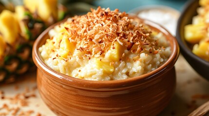 Pineapple and coconut rice pudding in a ceramic dish, surrounded by toasted coconut flakes
