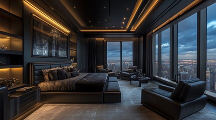 Modern Black Bedroom with City View and Minimalist Decor