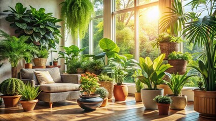 Fototapeta premium Lush Indoor Plants Enhancing a Cozy Living Space with Natural Light, Creating a Serene Ambiance for Relaxation and Well-Being in a Modern Room Design