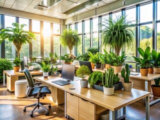 Fototapeta premium Lush Indoor Plants Enhancing Modern Office Space with Natural Light and Greenery for a Productive Work Environment