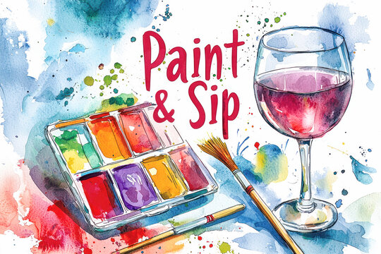 Paint and sip concept with watercolor palette brush and red wine glass on a vibrant splattered background.