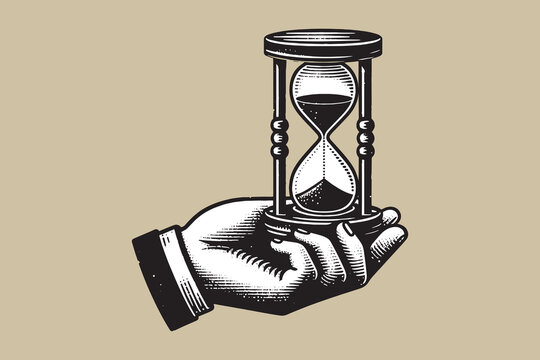 Hand holding an old hourglass. Vintage black vector engraving illustration, emblem, sketch, print. Cut out, isolated.