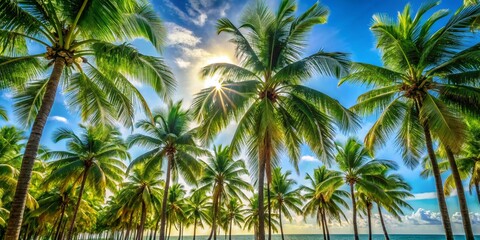 Fototapeta premium Lush Palm Trees Silhouetted Against a Clear Blue Sky - A Serene Tropical Scene Evoking Relaxation and Paradise Feelings for Travel and Nature Themes