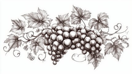 Fototapeta premium A detailed illustration of grapes and leaves, showcasing natural beauty and elegance.