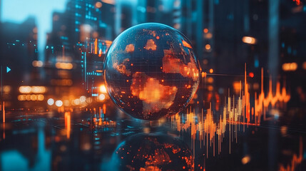 Digital globe surrounded by data visualization in a futuristic urban environment at night