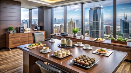 Luxurious Food Presentation in an Executive CEO Office Setting with Modern Decor and Professional Atmosphere