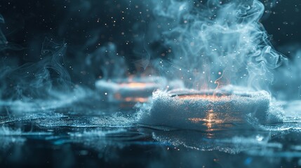 A close-up with a lot of smoke showing magnets demonstrating superconductivity in liquid nitrogen&nbsp;along with plenty text space, Generative AI.