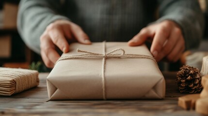 Obraz premium Person's hands carefully placing a rustic, brown gift wrapped in twine on a wooden surface. The warm lighting and earthy tones create a cozy atmosphere.