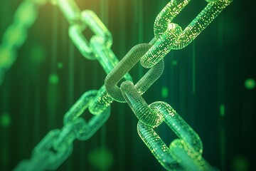 Green digital chain links interconnected on a glowing abstract background. Concept of blockchain technology, security, and innovation.