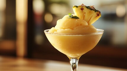 Pineapple sorbet served in a glass cup with a slice of fresh pineapple as garnish