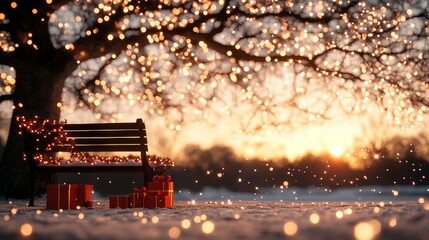 A magical winter scene: presents sit on a snow-covered bench beneath a tree adorned with twinkling lights, creating a warm, festive atmosphere.