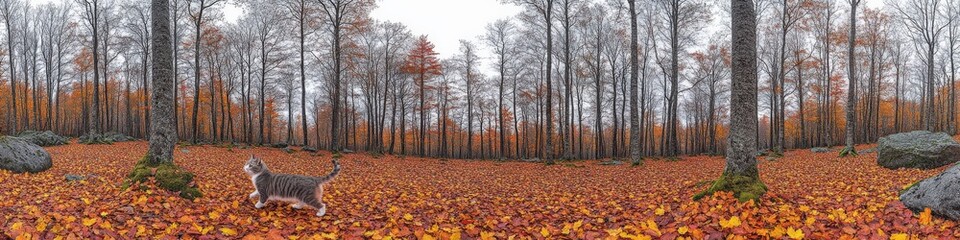 Autumn Forest Panoramic View with Dog among Fallen Leaves and Bare Trees Under Overcast Sky - Serene Nature Scene for Tranquil Walks and Wildlife Exploration