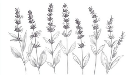 A detailed pencil sketch of lavender flowers with leaves, showcasing botanical illustration.