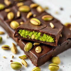Chocolate bar with pistachio filling and whole pistachios on the background. Dubai chocolate