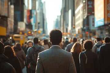 Fototapeta premium Back View Businessman Urban Commute, Cityscape Perspective