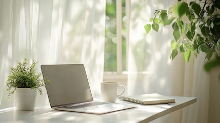 Fototapeta premium A Bright Minimalist Workspace Featuring a Laptop, Notebook, and Coffee Mug Surrounded by Lush Greenery and Natural Light in a Cozy Environment