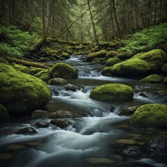 A tranquil forest stream with moss-covered rocks and gentle rapids.