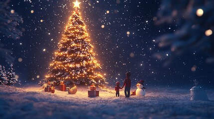 A Family Stands Before a Christmas Tree in the Snow
