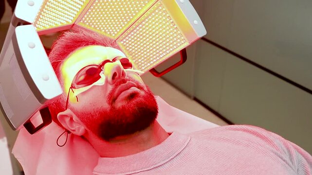 Video of a young bearded Caucasian man in his 20s-30s happily undergoing low-frequency laser hair therapy to increase blood circulation. LLLT concept.