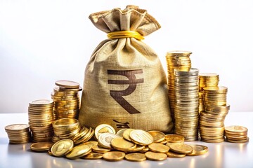 Macro Photography of Indian Rupee Symbol with Money Bag, Banknotes, and Gold Coins on a White Background for Financial and Investment Concepts
