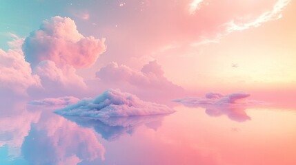 Dreamlike stage background with floating islands and soft pastel skies, ethereal cloud visuals creating a whimsical, peaceful ambiance, ideal for a fantasy-themed performance