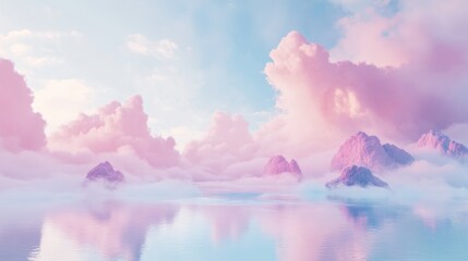 Dreamlike stage background with floating islands and soft pastel skies, ethereal cloud visuals creating a whimsical, peaceful ambiance, ideal for a fantasy-themed performance