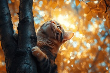Adorable Kitten Climbing Tree Autumn Leaves Sunlight