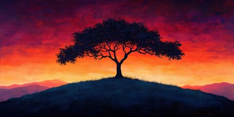 Solitary Tree Silhouette Against Fiery Sunset Sky