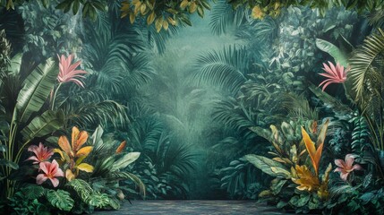Tropical jungle stage backdrop with vivid green visuals, exotic plant life, and colorful flora, setting an adventurous and vibrant mood for a nature-focused play