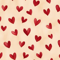 Little red hand drawn hearts pattern on beige background Generative AI