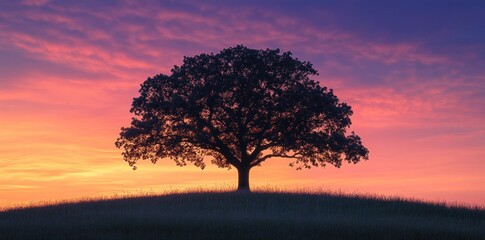 Obraz premium Majestic Oak Tree Silhouetted Against Vibrant Sunset Sky