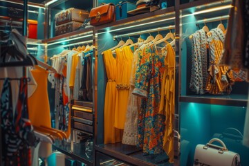 Fototapeta premium Luxury walk in close dressing room with lightning
