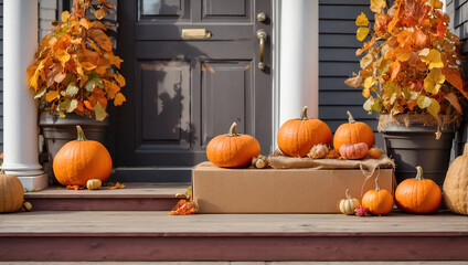 Cardboard Boxes and Pumpkins on a Porch