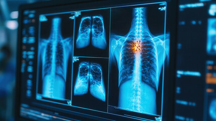 Artificial intelligence in medical detection. Advanced AI interface identifying bone damage in X ray images, showcasing detailed views of lungs and spine.