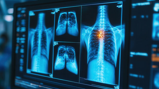 Artificial intelligence in medical detection. Advanced AI interface identifying bone damage in X ray images, showcasing detailed views of lungs and spine.